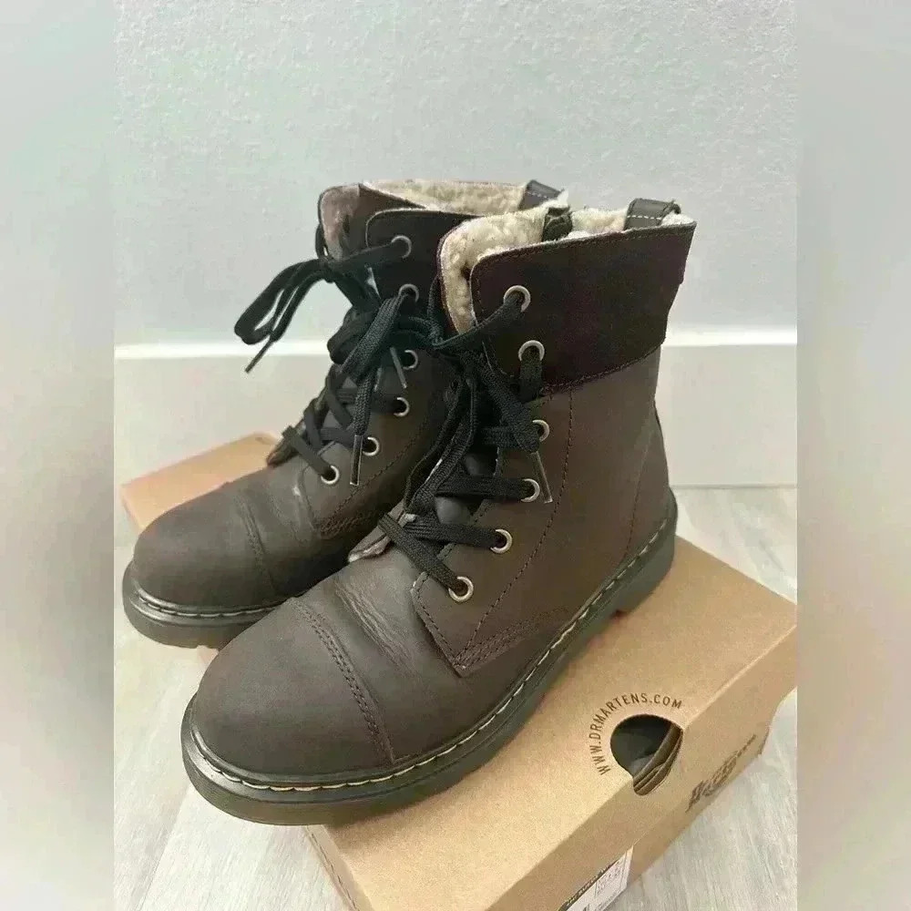 Dr Martens 1460 Faux Fur Lined Combat Boots Brown Leather Zip Lace Up Womens 5